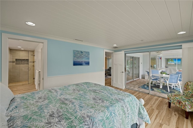 bedroom featuring wooden ceiling, crown molding, and light hardwood / wood-style flooring