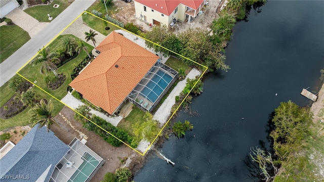 drone / aerial view featuring a water view