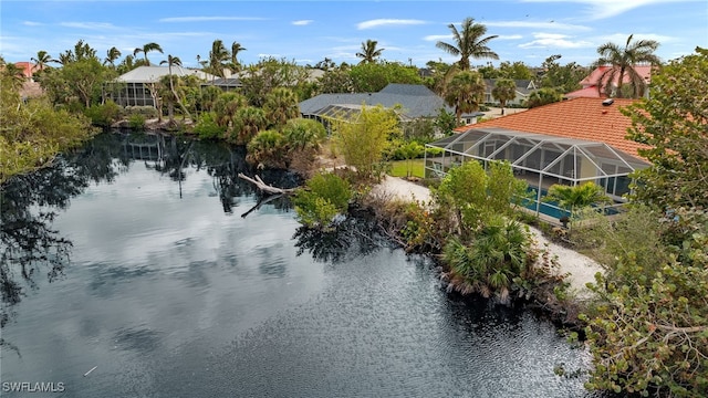 drone / aerial view with a water view