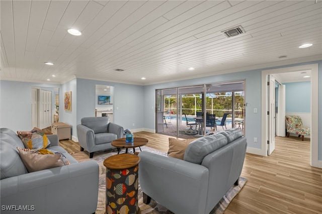 living room featuring light wood-type flooring and wood ceiling