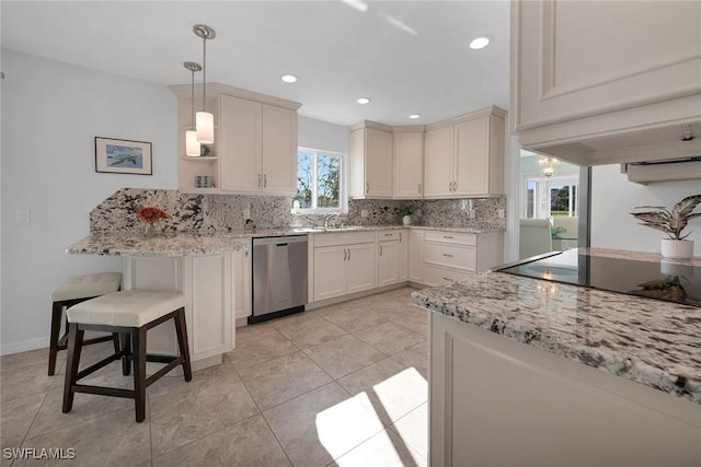 kitchen with a kitchen breakfast bar, decorative backsplash, dishwasher, open shelves, and decorative light fixtures