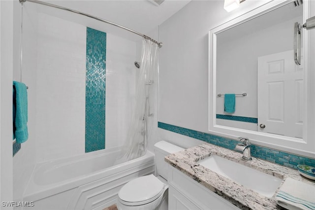 bathroom with toilet, shower / bathtub combination with curtain, backsplash, and vanity