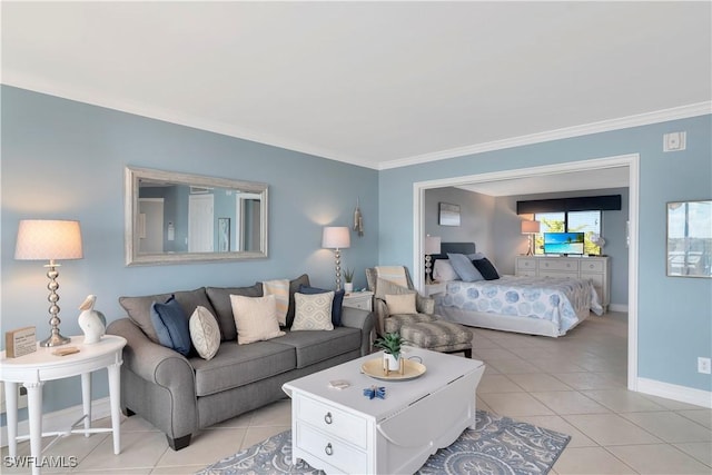 tiled bedroom with crown molding