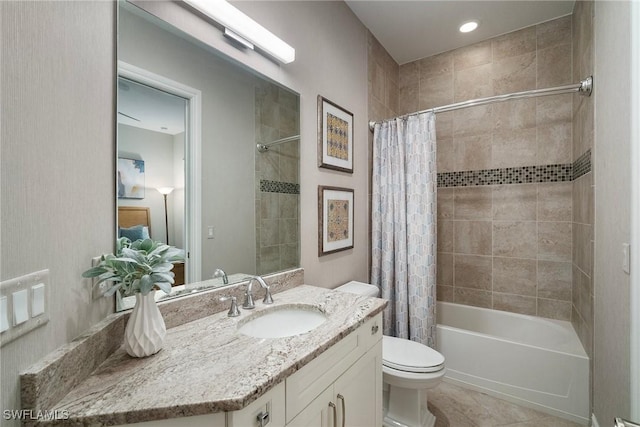 full bathroom with tile patterned flooring, vanity, toilet, and shower / tub combo with curtain