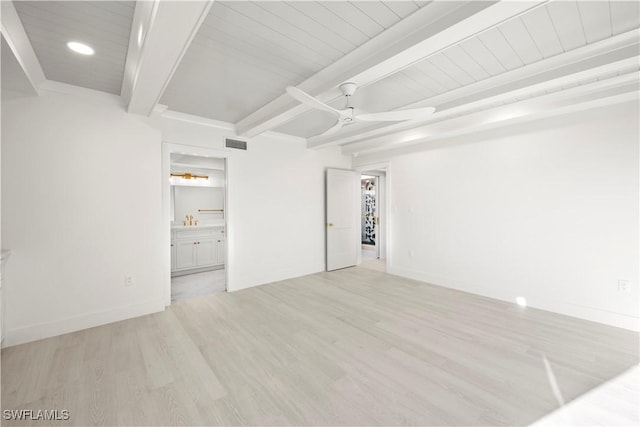 unfurnished room with ceiling fan, beamed ceiling, and light wood-type flooring