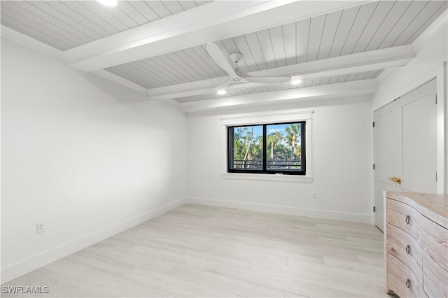 spare room featuring ceiling fan, beamed ceiling, and light hardwood / wood-style floors