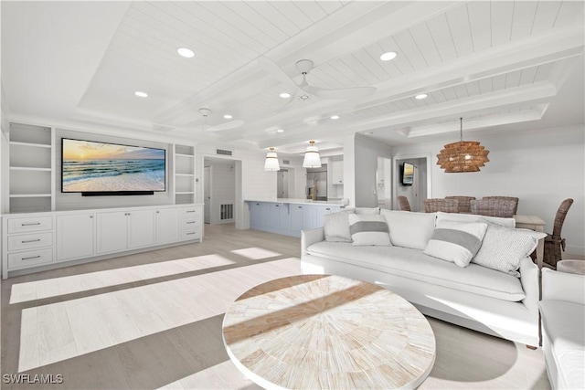 living room featuring built in features, beamed ceiling, and wood ceiling