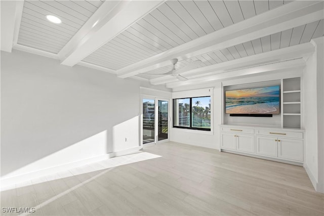 unfurnished living room with beam ceiling, ceiling fan, and light hardwood / wood-style floors