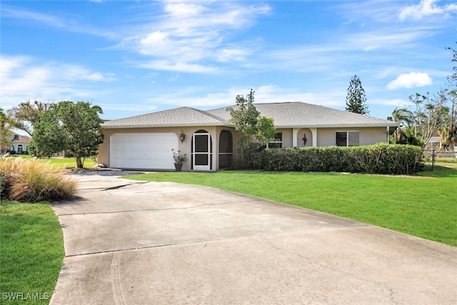 single story home with a garage and a front yard