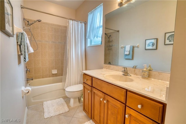 full bathroom featuring tile patterned flooring, vanity, toilet, and shower / bathtub combination with curtain