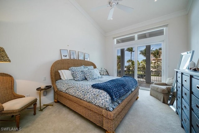 bedroom with lofted ceiling, crown molding, light carpet, access to outside, and ceiling fan