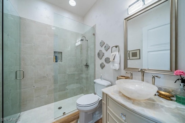 bathroom with vanity, walk in shower, and toilet