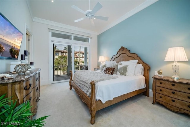 carpeted bedroom featuring lofted ceiling, access to exterior, ornamental molding, and ceiling fan