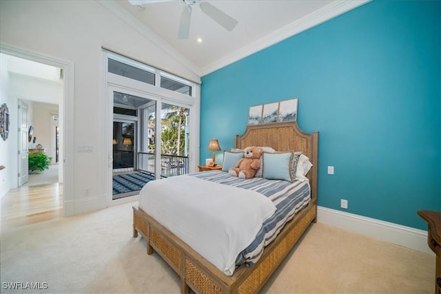 bedroom with crown molding, ceiling fan, vaulted ceiling, light carpet, and access to outside