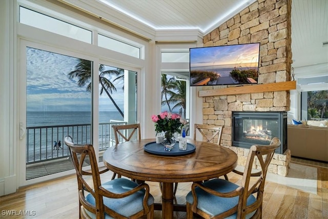 interior space with lofted ceiling, a fireplace, crown molding, and light hardwood / wood-style flooring