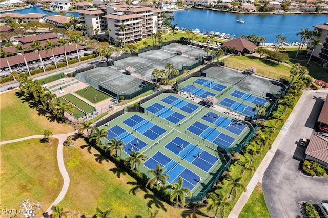 bird's eye view with a water view