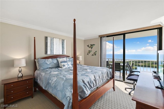 bedroom with access to exterior, light carpet, ornamental molding, and a wall of windows