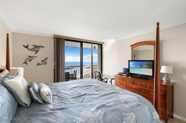 carpeted bedroom featuring access to outside, a wall of windows, and ornamental molding