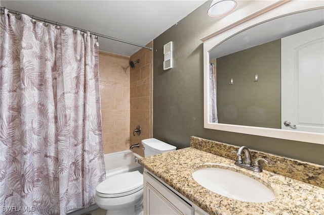 full bathroom with shower / bath combination with curtain, vanity, and toilet