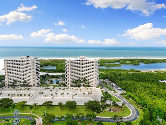 birds eye view of property featuring a water view