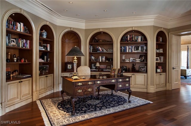 office featuring built in shelves and dark hardwood / wood-style flooring