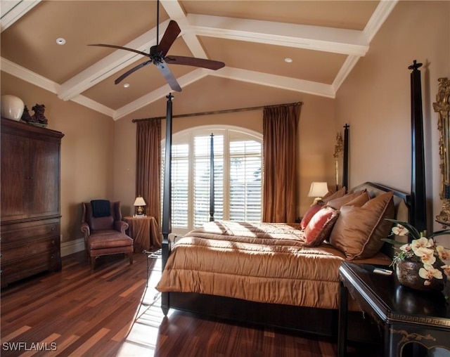 bedroom with vaulted ceiling with beams, ceiling fan, and dark wood-type flooring