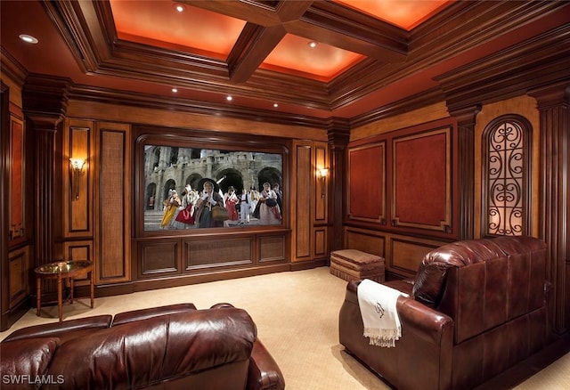 cinema with beamed ceiling, light colored carpet, ornamental molding, and coffered ceiling