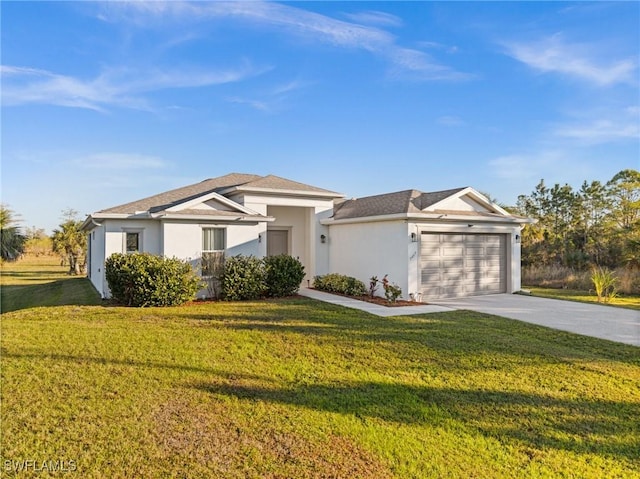 ranch-style home featuring a garage and a front lawn