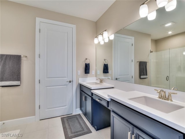 bathroom with tile patterned floors, vanity, and a shower with door