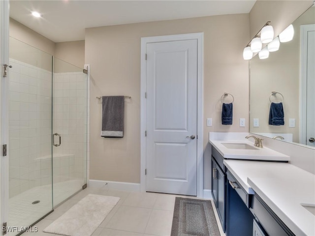 bathroom with tile patterned floors, vanity, and an enclosed shower