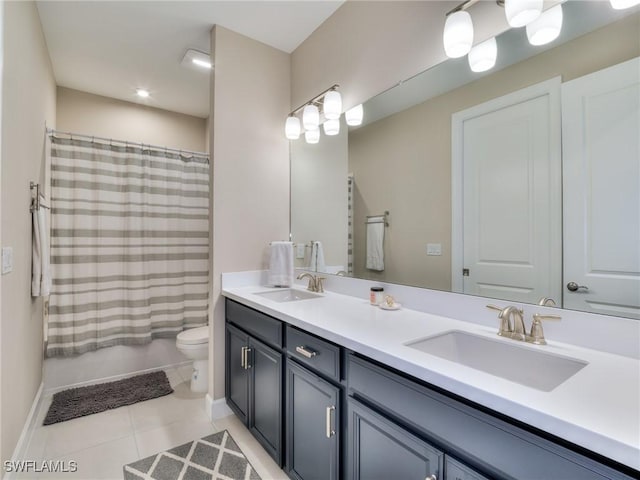 full bathroom featuring toilet, vanity, tile patterned floors, and shower / bathtub combination with curtain