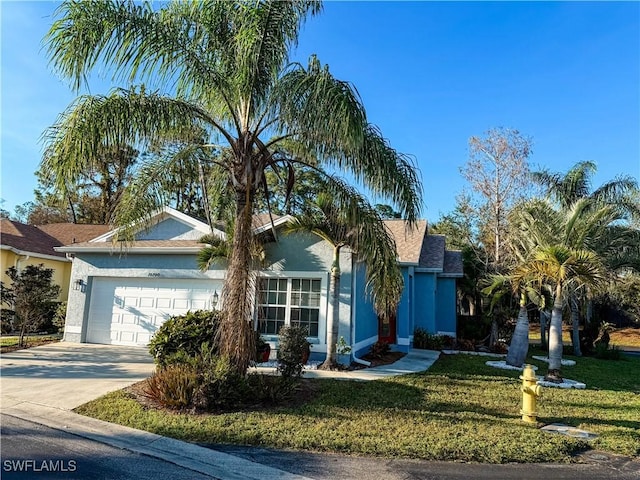 ranch-style house featuring a front lawn and a garage