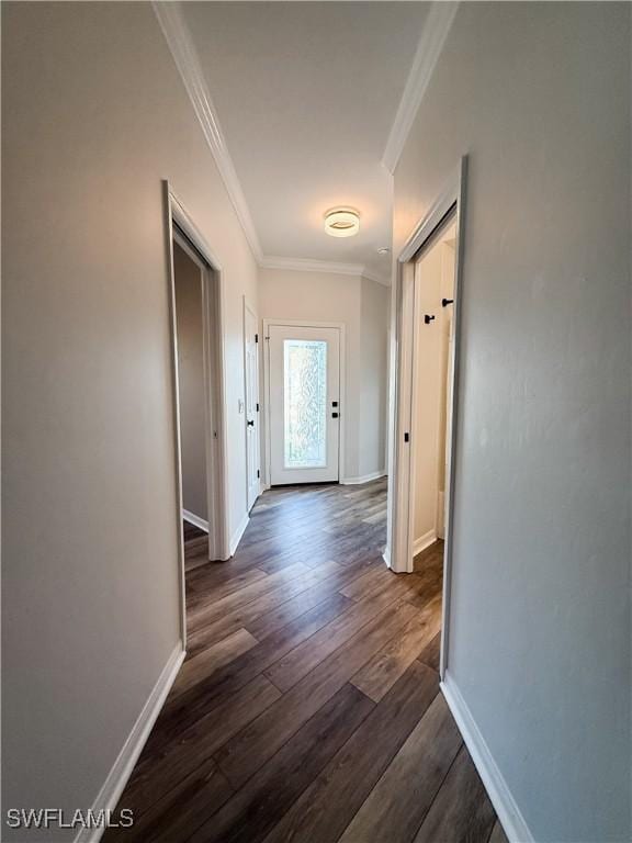 hallway with dark wood-type flooring and ornamental molding