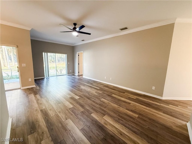 empty room featuring crown molding, ceiling fan, and hardwood / wood-style flooring