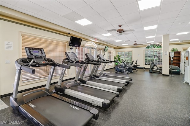 gym with a paneled ceiling and ceiling fan