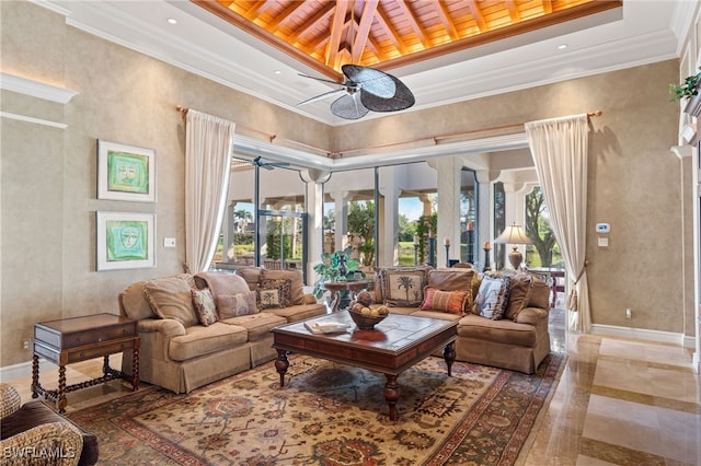 living room featuring ceiling fan, ornamental molding, wooden ceiling, and a high ceiling