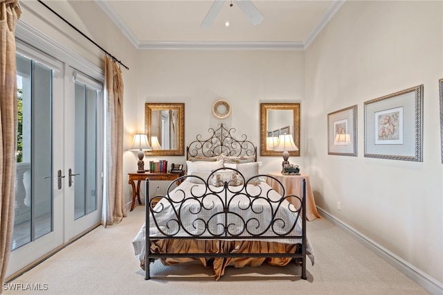 bedroom featuring ornamental molding, light carpet, and access to exterior