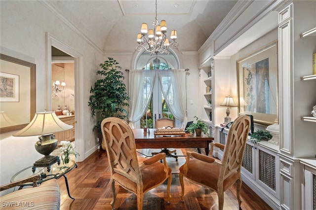 living area with an inviting chandelier, crown molding, built in shelves, and dark parquet floors