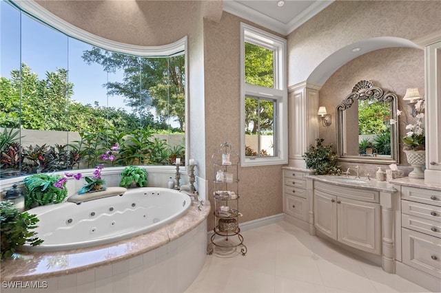 bathroom with crown molding, tile patterned flooring, a high ceiling, vanity, and tiled bath