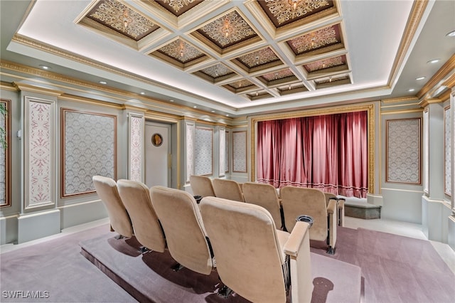 carpeted home theater room with ornamental molding, coffered ceiling, and beam ceiling