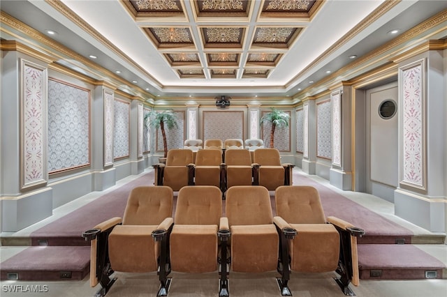 home theater room featuring light colored carpet, ornamental molding, coffered ceiling, and ornate columns