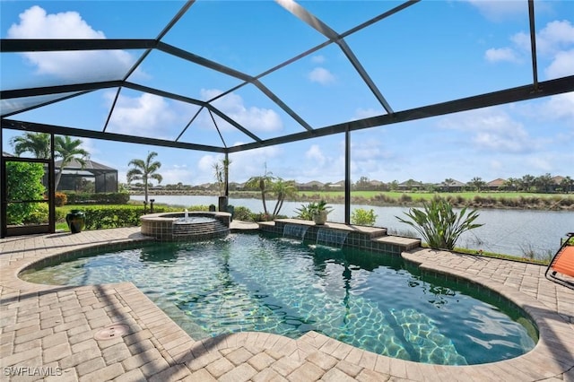 view of swimming pool with pool water feature, a patio area, a water view, glass enclosure, and an in ground hot tub