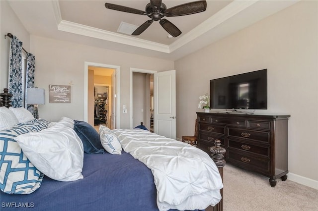 carpeted bedroom featuring crown molding, ceiling fan, a tray ceiling, and a spacious closet