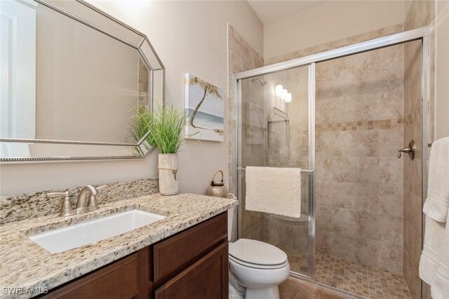 bathroom with vanity, an enclosed shower, and toilet