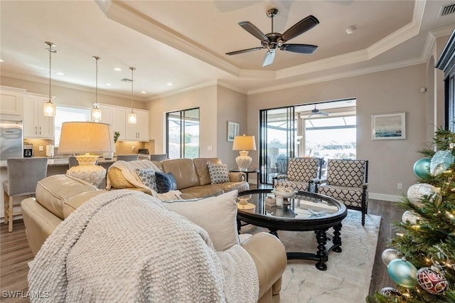 living room featuring crown molding, light hardwood / wood-style flooring, and a tray ceiling