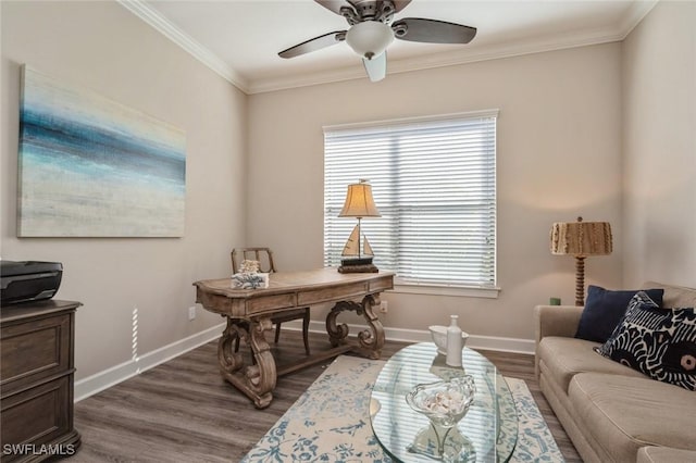 office space featuring ornamental molding, ceiling fan, and dark hardwood / wood-style flooring