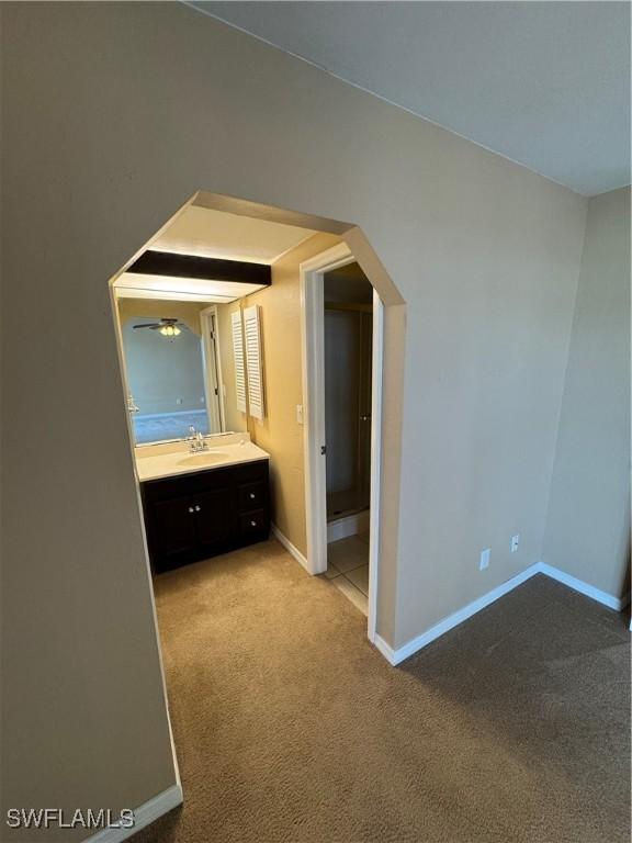 interior space with light colored carpet and sink