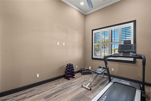 exercise room with light wood-type flooring and crown molding