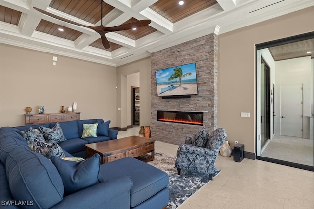 living room with coffered ceiling, crown molding, ceiling fan, beamed ceiling, and a stone fireplace