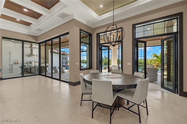 dining room with ornamental molding, coffered ceiling, an inviting chandelier, and beamed ceiling